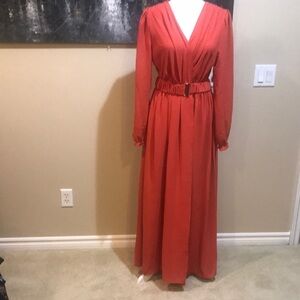Orange Long Ruffled Sleeve Faux Wrap Belted Waist Maxi Dress-Size M